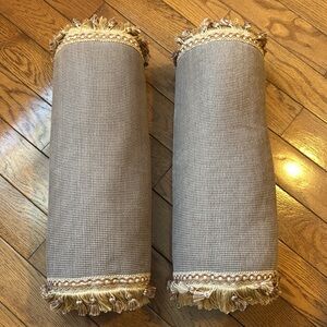 Custom Made Ethan Allen Pair of Elegant Neckroll Bolster Pillows with Fringe